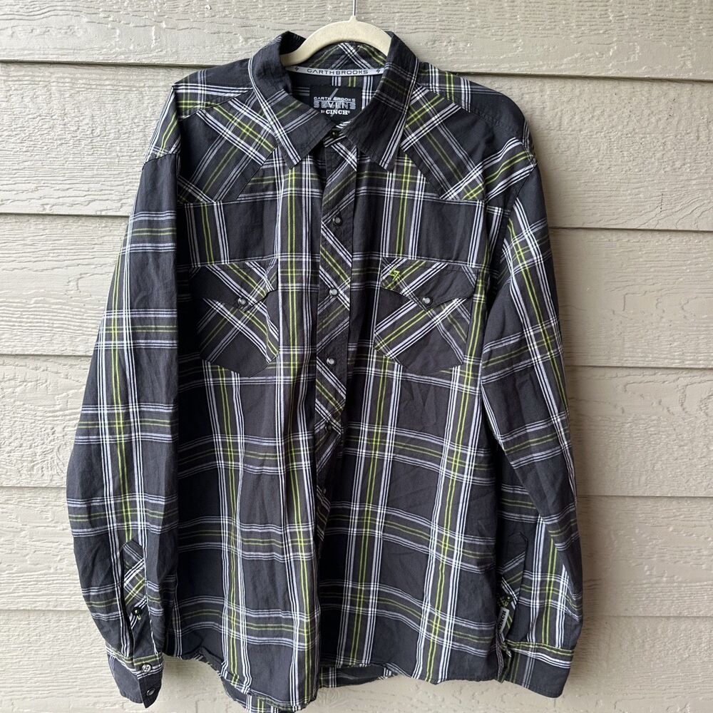 Garth Brooks Sevens by Cinch Mens Lrg Western Shirt Black Green Plaid Pearl Snap